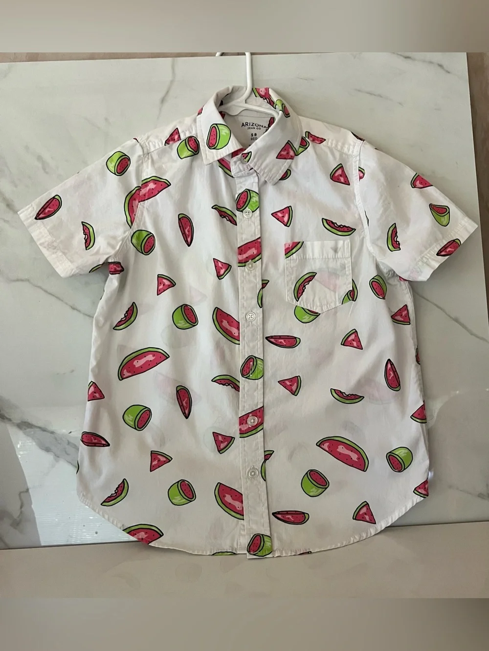 Arizona jeans co button down boys shirt  White with pink watermelon 🍉 slices and